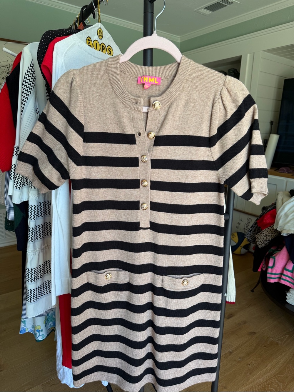 THML Beige and Black Striped Short-Sleeve Knit Dress